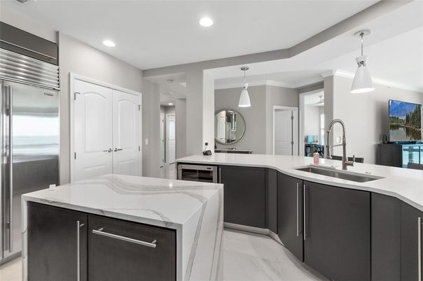 Interior, Kitchen, Marble, Pendant Lights, Recessed Lighting, Stainless Steel Appliances