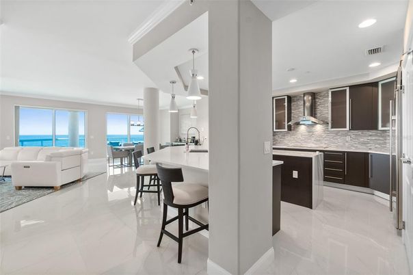 Interior, Kitchen, Living room, Marble, Pendant Lights, Recessed Lighting, Stainless Steel Appliances, Water