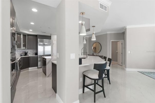 Interior, Kitchen, Marble, Pendant Lights, Recessed Lighting, Stainless Steel Appliances