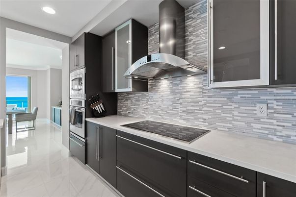 Interior, Kitchen, Marble, Recessed Lighting, Stainless Steel Appliances, Water