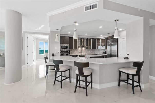 Interior, Kitchen, Marble, Pendant Lights, Recessed Lighting, Stainless Steel Appliances