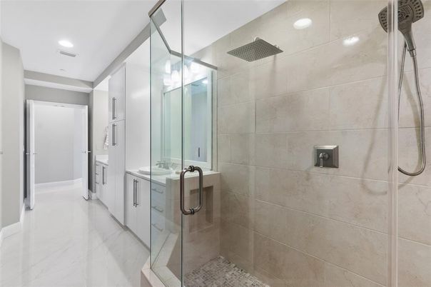 Bathroom, Glass Shower, Interior, Marble, Recessed Lighting