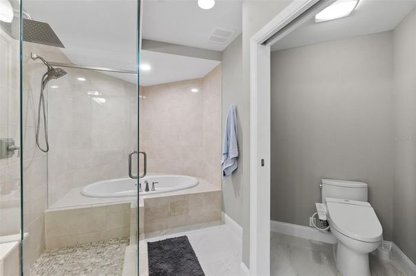 Bathroom, Glass Shower, Interior, Marble, Recessed Lighting