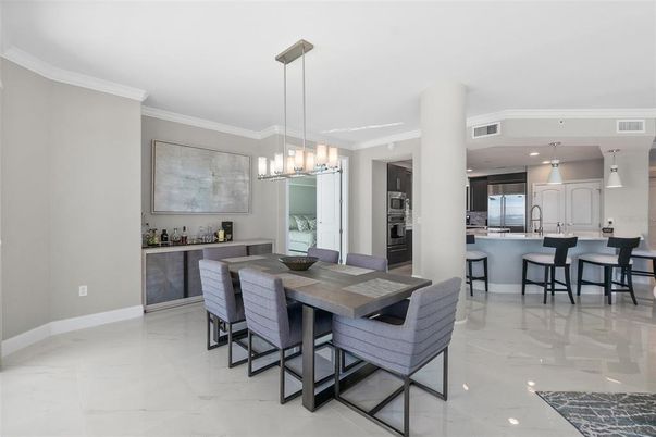 Dining room, Interior, Kitchen, Marble, Pendant Lights, Recessed Lighting, Stainless Steel Appliances