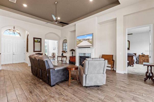 Fireplace, Interior, Living room, Recessed Lighting, Wood Texture Flooring