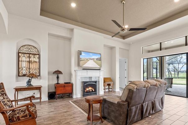Fireplace, Interior, Living room, Recessed Lighting, Wood Texture Flooring