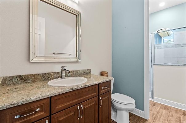 Bathroom, Interior, Recessed Lighting, Wood Texture Flooring