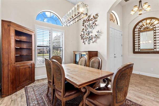 Chandelier, Dining room, Interior, Pendant Lights, Wood Texture Flooring