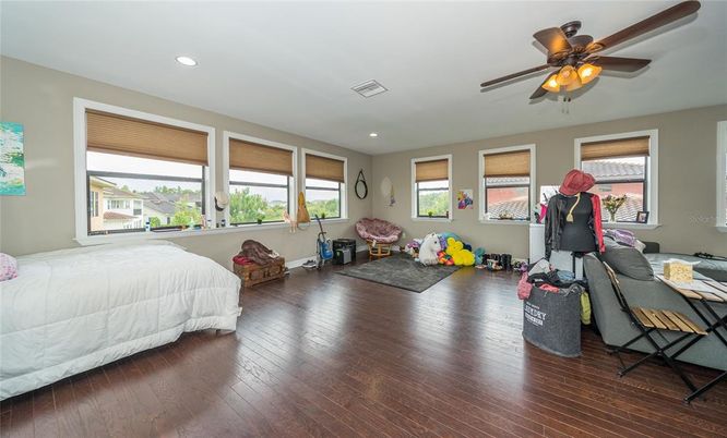 Bedroom, Interior, Recessed Lighting, Wood Texture Flooring