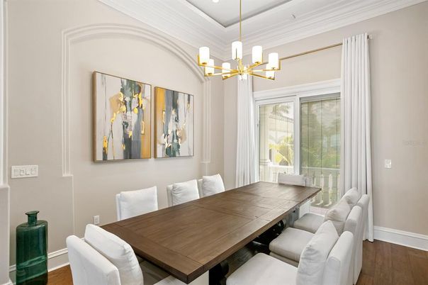 Dining room, Interior, Pendant Lights, Wood Texture Flooring