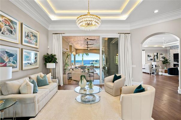 Chandelier, Interior, Living room, Recessed Lighting, Wood Texture Flooring