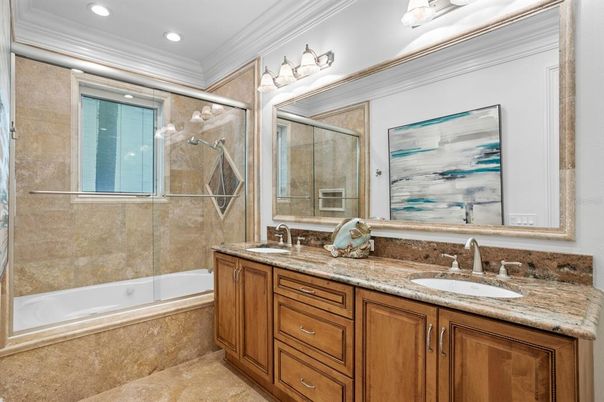 Bathroom, Dual Sink Vanities, Glass Shower, Interior, Recessed Lighting