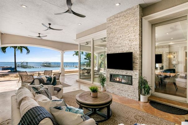 Fireplace, Interior, Living room, Recessed Lighting, Stone Walls, Water