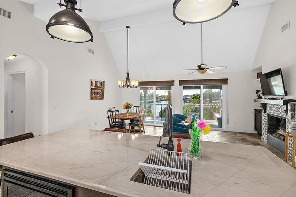 Dining room, Fireplace, Interior, Pendant Lights