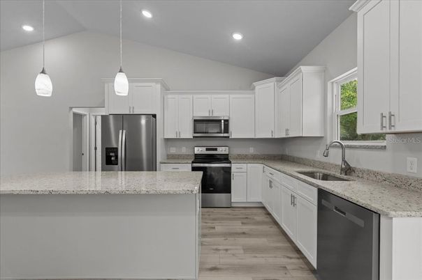 Interior, Kitchen, Pendant Lights, Recessed Lighting, Stainless Steel Appliances, Wood Texture Flooring