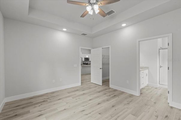 Empty room, Interior, Kitchen, Recessed Lighting, Wood Texture Flooring