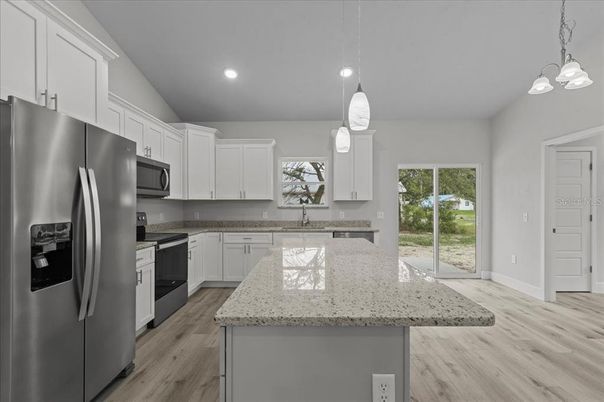 Interior, Kitchen, Pendant Lights, Recessed Lighting, Stainless Steel Appliances, Wood Texture Flooring