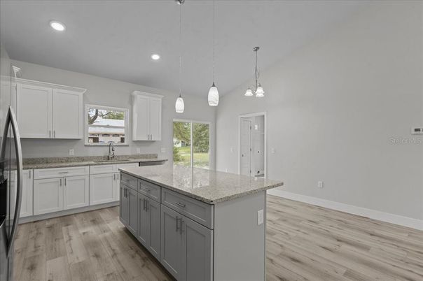 Interior, Kitchen, Pendant Lights, Recessed Lighting, Wood Texture Flooring
