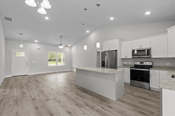 Interior, Kitchen, Pendant Lights, Recessed Lighting, Stainless Steel Appliances, Wood Texture Flooring