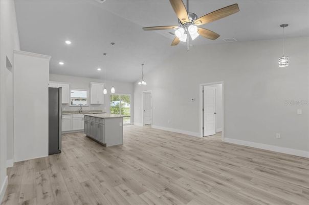 Interior, Kitchen, Pendant Lights, Recessed Lighting, Wood Texture Flooring