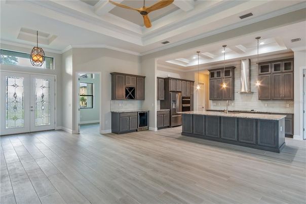 Interior, Kitchen, Pendant Lights, Stainless Steel Appliances, Wood Texture Flooring