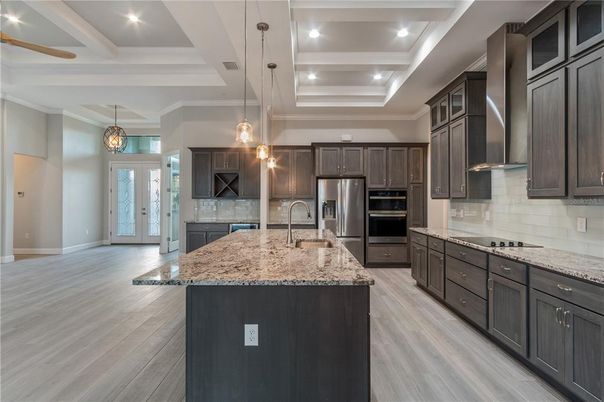 Interior, Kitchen, Pendant Lights, Recessed Lighting, Stainless Steel Appliances, Wood Texture Flooring