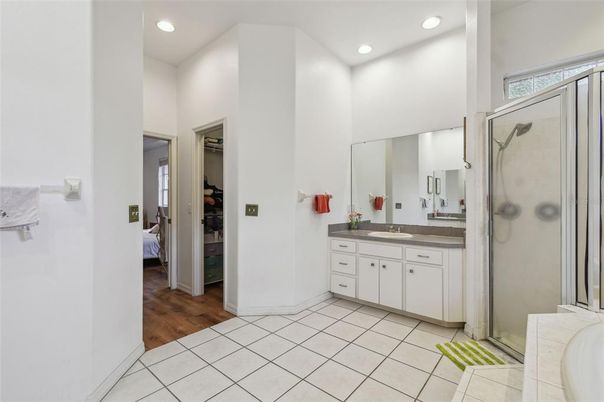 Bathroom, Glass Shower, Interior, Recessed Lighting, Wood Texture Flooring