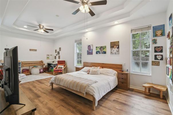 Bedroom, Interior, Recessed Lighting, Wood Texture Flooring