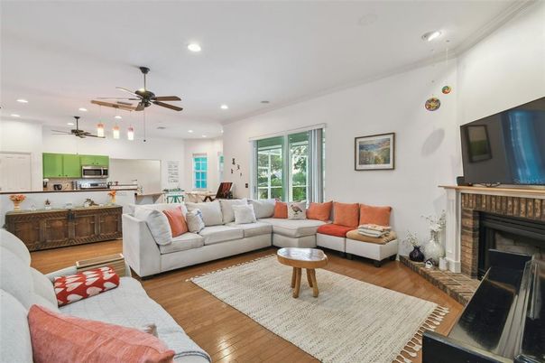 Fireplace, Interior, Kitchen, Living room, Pendant Lights, Recessed Lighting, Wood Texture Flooring