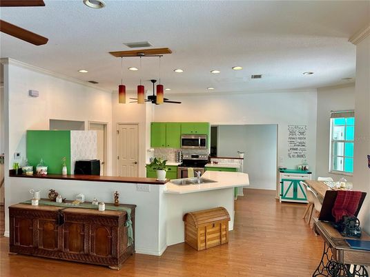 Interior, Kitchen, Recessed Lighting, Stainless Steel Appliances, Wood Texture Flooring