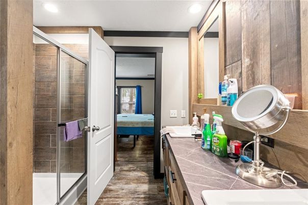 Bathroom, Glass Shower, Interior, Recessed Lighting, Wood Texture Flooring