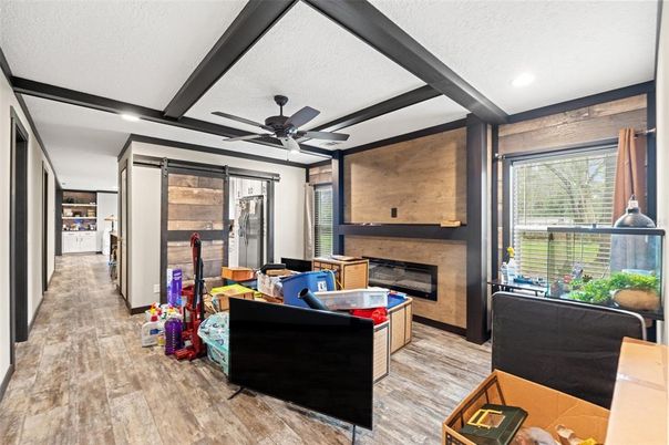 Fireplace, Interior, Recessed Lighting, Wood Texture Flooring