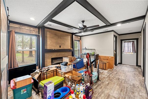 Fireplace, Interior, Recessed Lighting, Wood Texture Flooring