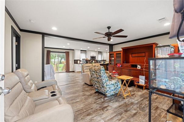 Interior, Kitchen, Living room, Recessed Lighting, Wood Texture Flooring