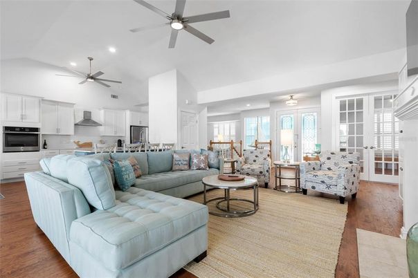 Interior, Kitchen, Living room, Recessed Lighting, Stainless Steel Appliances, Wood Texture Flooring
