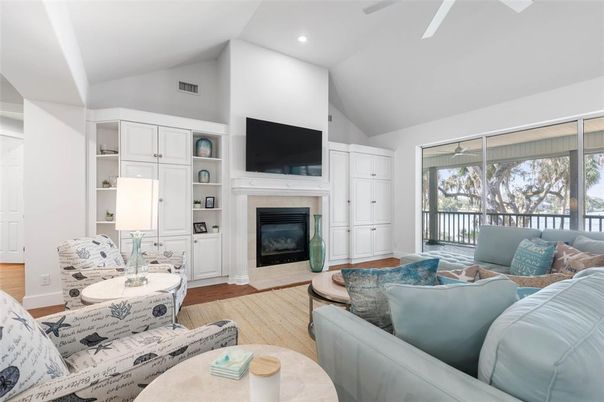 Fireplace, Interior, Living room, Recessed Lighting, Wood Texture Flooring