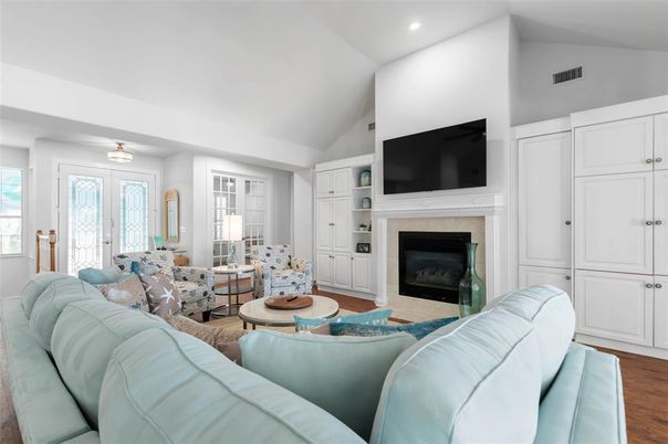 Fireplace, Interior, Living room, Recessed Lighting, Wood Texture Flooring