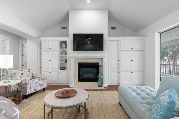 Fireplace, Interior, Living room, Recessed Lighting, Wood Texture Flooring