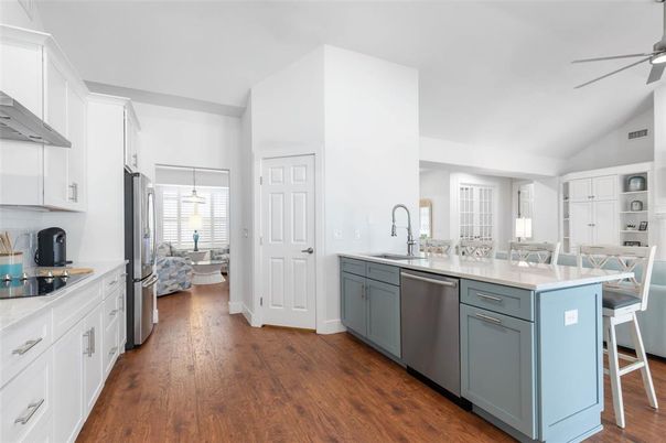 Interior, Kitchen, Pendant Lights, Stainless Steel Appliances, Wood Texture Flooring