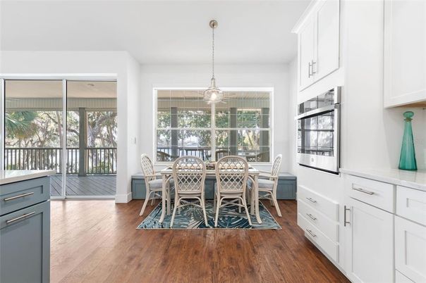 Dining room, Interior, Pendant Lights, Wood Texture Flooring