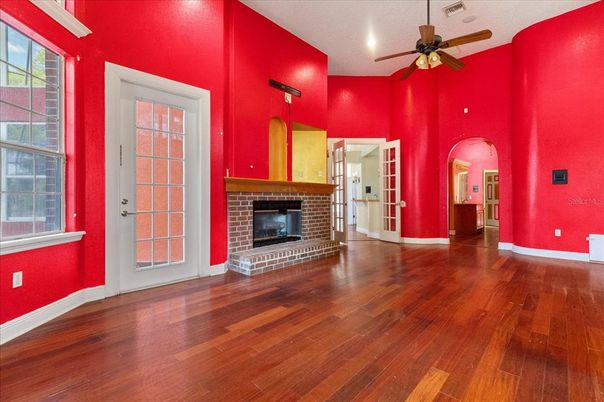 Empty room, Fireplace, Interior, Recessed Lighting, Wood Texture Flooring