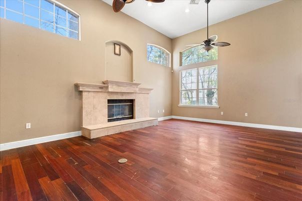 Empty room, Fireplace, Interior, Recessed Lighting, Wood Texture Flooring