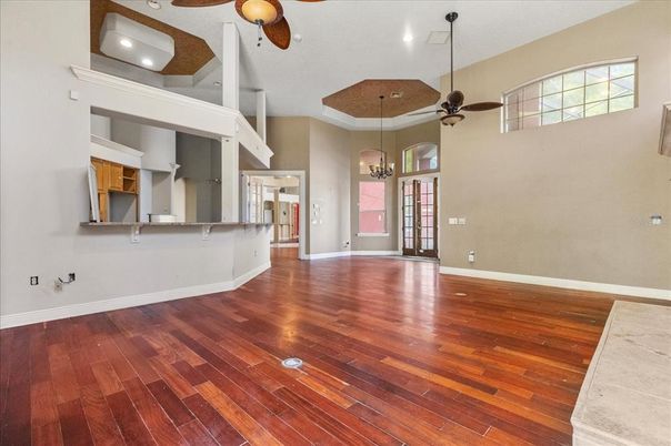 Empty room, Interior, Pendant Lights, Recessed Lighting, Wood Texture Flooring