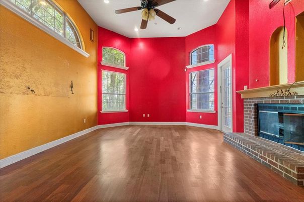 Empty room, Fireplace, Interior, Recessed Lighting, Wood Texture Flooring
