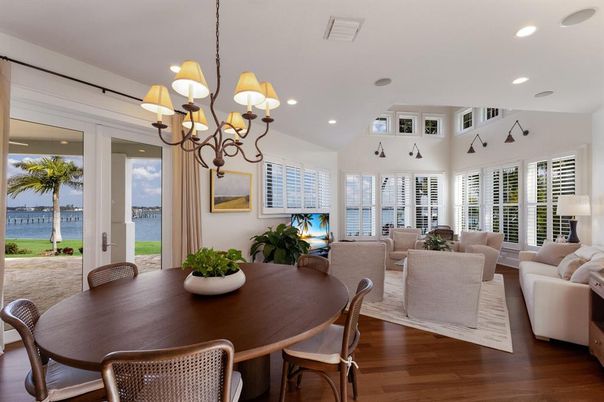 Chandelier, Dining room, Interior, Living room, Recessed Lighting, Water, Wood Texture Flooring