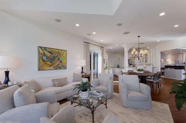 Chandelier, Dining room, Interior, Kitchen, Living room, Pendant Lights, Recessed Lighting, Wood Texture Flooring