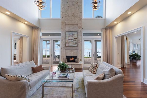 Fireplace, Interior, Living room, Recessed Lighting, Wood Texture Flooring