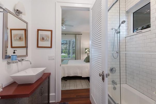 Bathroom, Bedroom, Glass Shower, Interior, Wood Texture Flooring