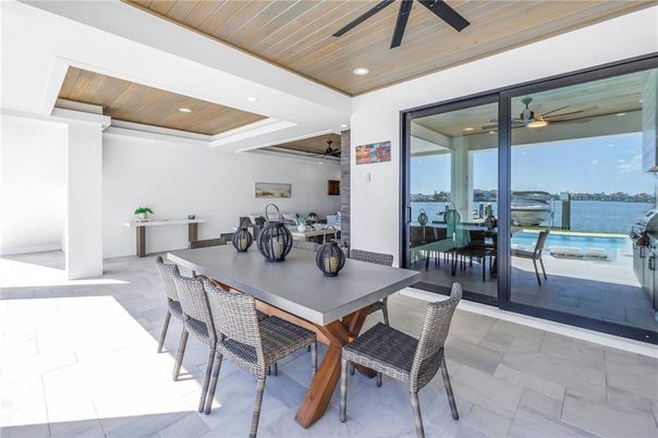 Dining room, Interior, Recessed Lighting, Water, Wooden Ceilings