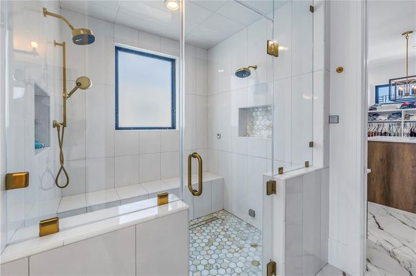 Bathroom, Glass Shower, Interior, Marble, Pendant Lights, Recessed Lighting
